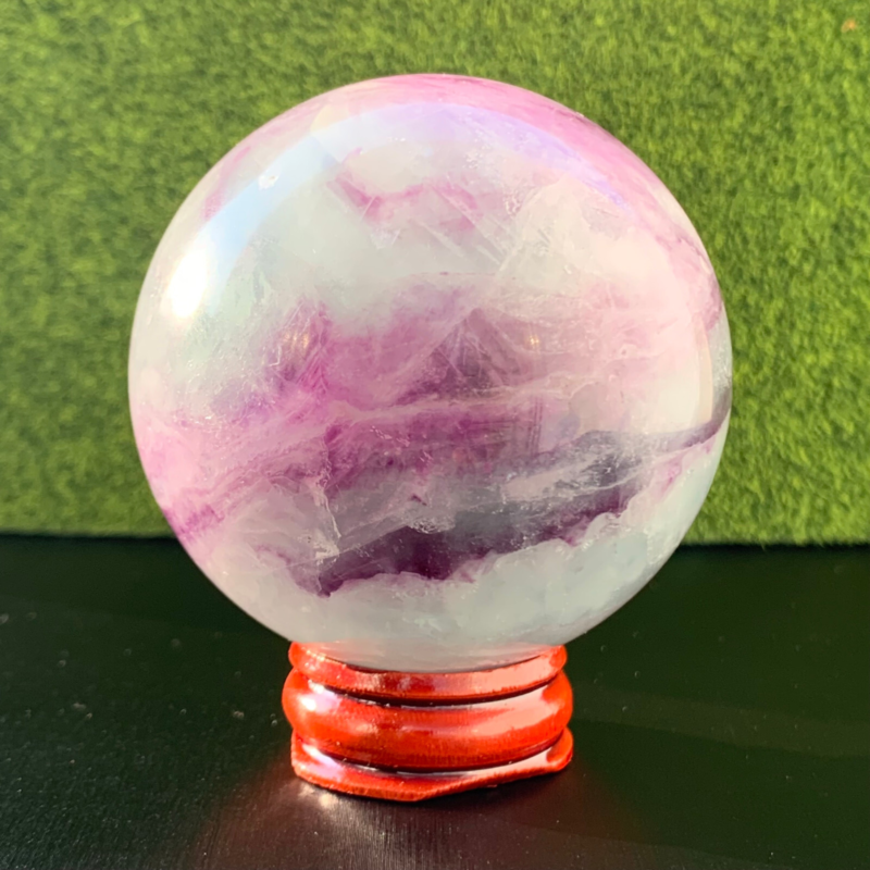 336G Natural Fluorite ball Colorful Quartz Crystal Gemstone Healing + Stand