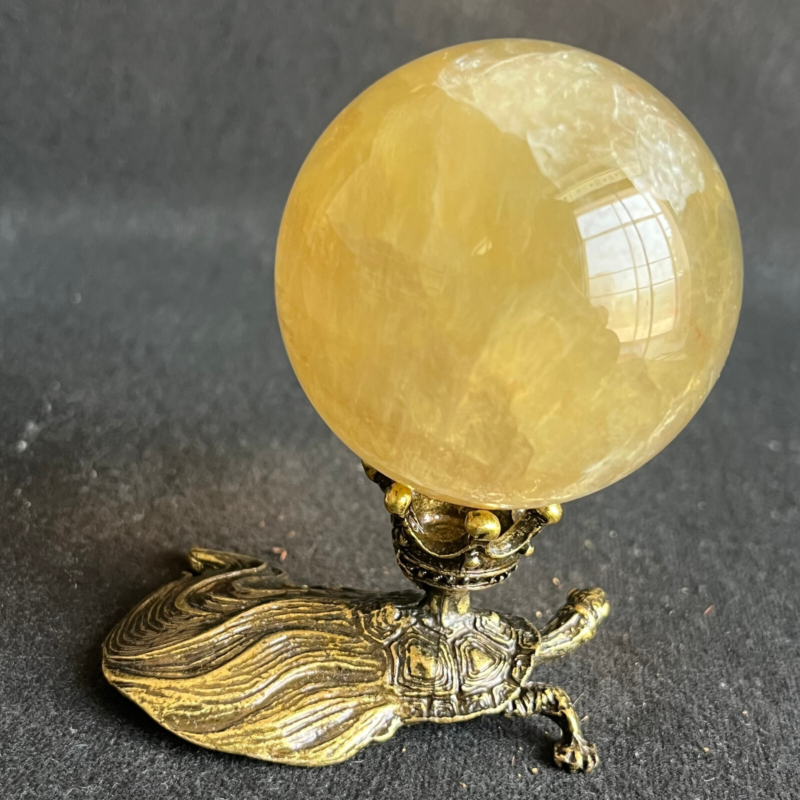 269G  Natural yellow fluorite quartz crystal ball sphere healing+stand