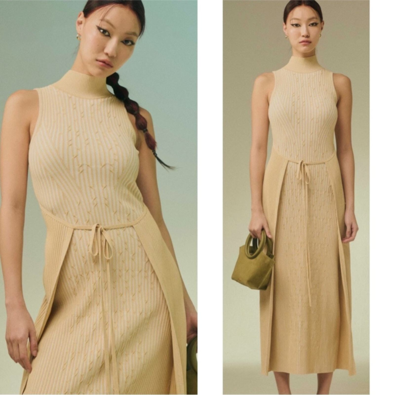 NWT Cult Gaia Knitted Liora Front Wrap Midi Dress in Off White Sand Size Large