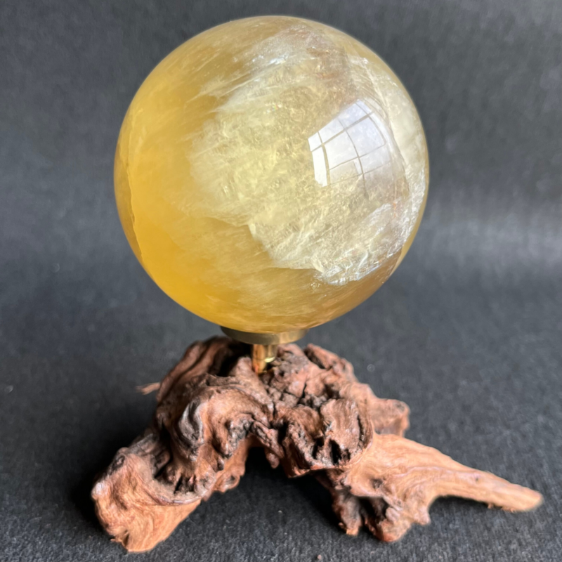 299G  Natural yellow fluorite quartz crystal ball sphere healing + Stand