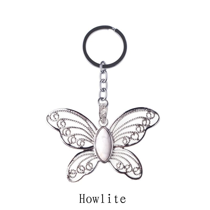 Healing Natural Stone Stainless Steel Butterfly Pendant Keychain for Women Men