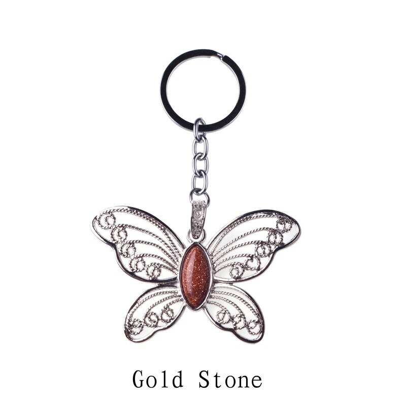 Healing Natural Stone Stainless Steel Butterfly Pendant Keychain for Women Men