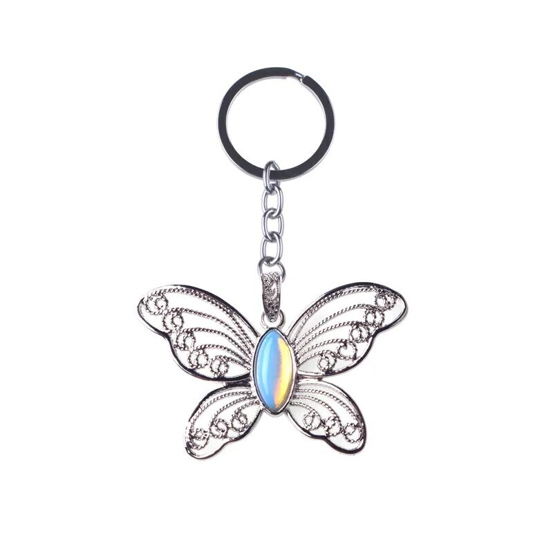 Healing Natural Stone Stainless Steel Butterfly Pendant Keychain for Women Men