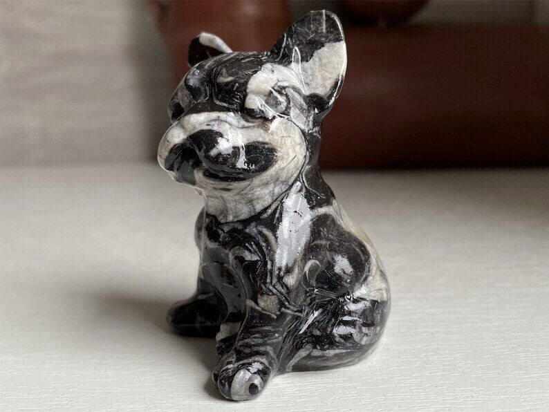 Natural Quartz Crystal Carved Rough Stone French Bulldog Healing Animal Decor