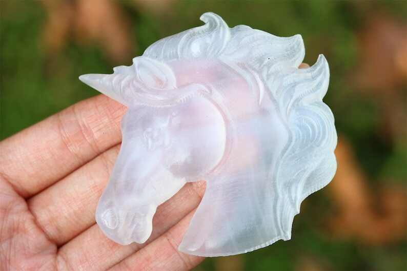3.1" Hand Carved Natural Gypsum Unicorn Reiki Crystal Skull Decor Gift 1pc