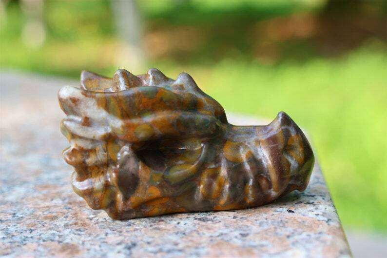 3" Carved Natural Azolite Dragon Head Reiki Crystal Skull Decor Crystal gift 1PC