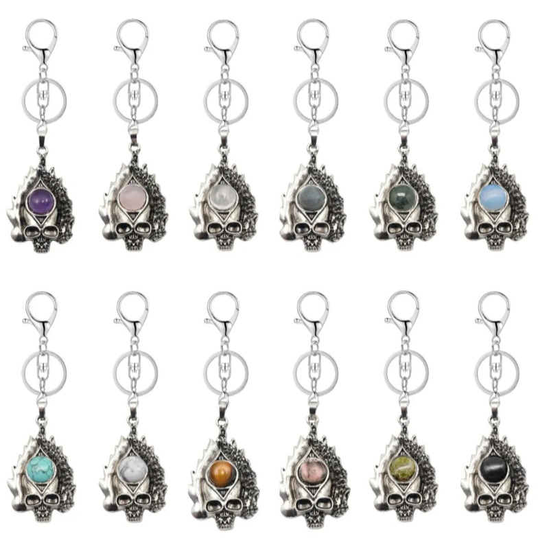 3P Fashion Gothic Skull Keychain Silver Skeleton Stone Pendant Keyring Jewelry