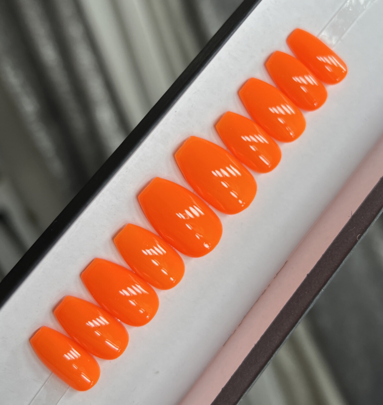 CUSTOM Gel Press On Nails, BLAZING ORANGE , Ballerina short, 10p Set W KIT
