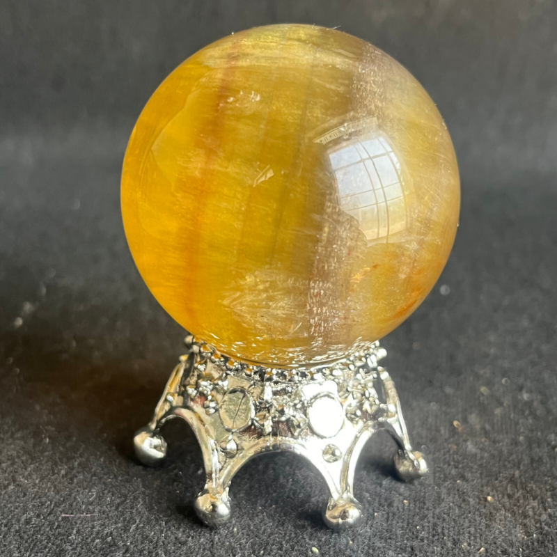 209G  Natural yellow fluorite quartz crystal ball sphere healing+stand