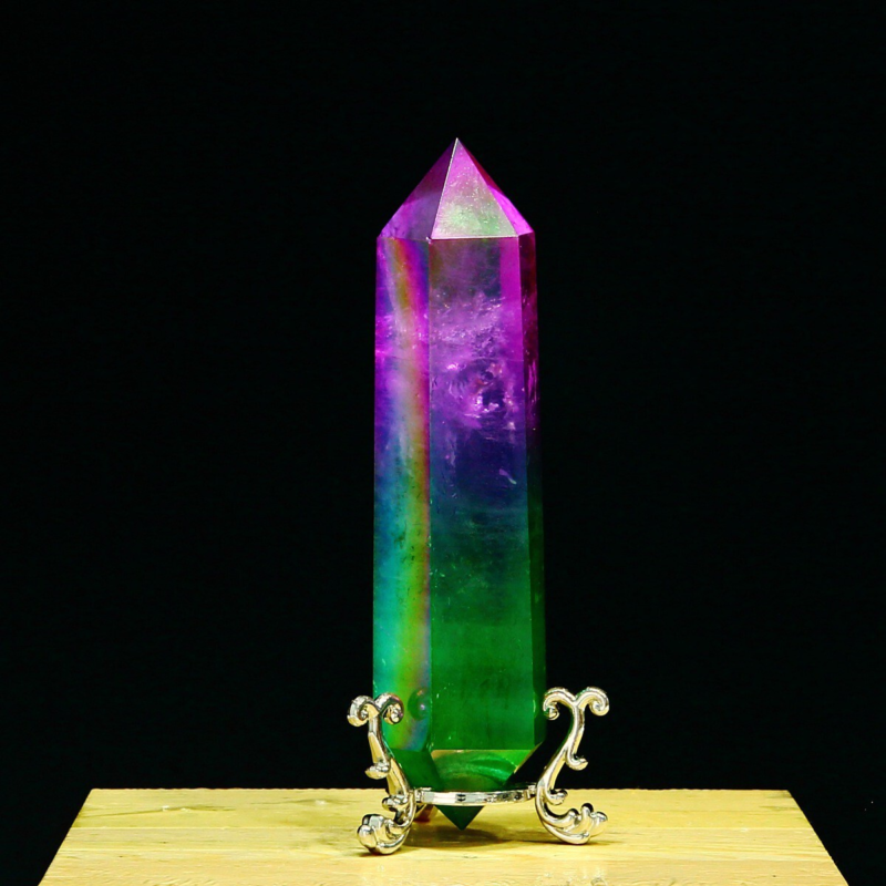 243g Natural Crystal Electroplated Rainbow Quartz Tower Double Wand Point Reiki