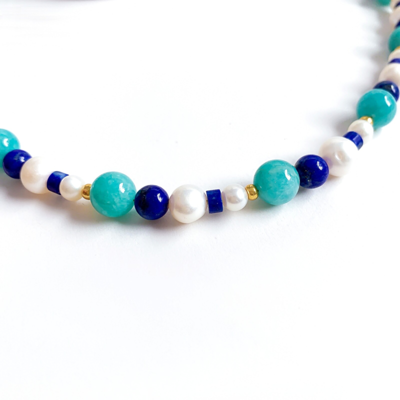 Natural Amazonite Lapis Lazuli Pearl Stone Crystal Handmade Blue Choker Necklace