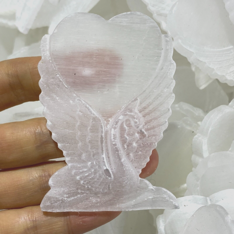 2.5”+ Natural Gypsum Selenite swan Hand Carved Quartz Crystal Reiki healing 1PC