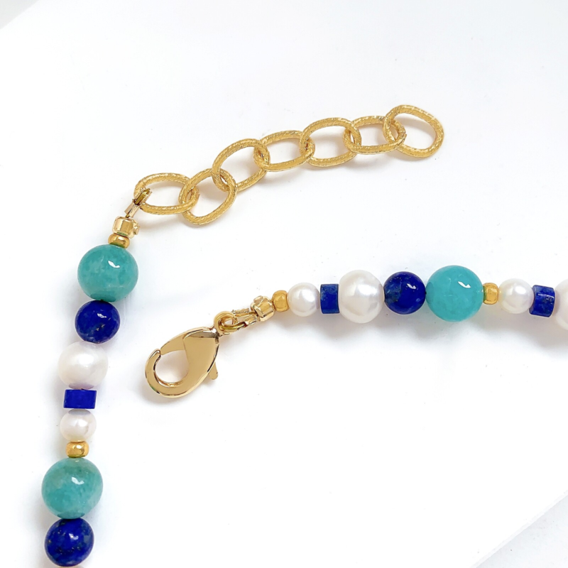 Natural Amazonite Lapis Lazuli Pearl Stone Crystal Handmade Blue Choker Necklace
