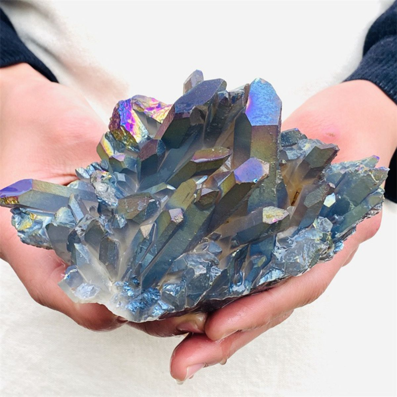 860gColor Flame Aura Electroplate Quartz Crystal Cluster Specimen Healing Stone