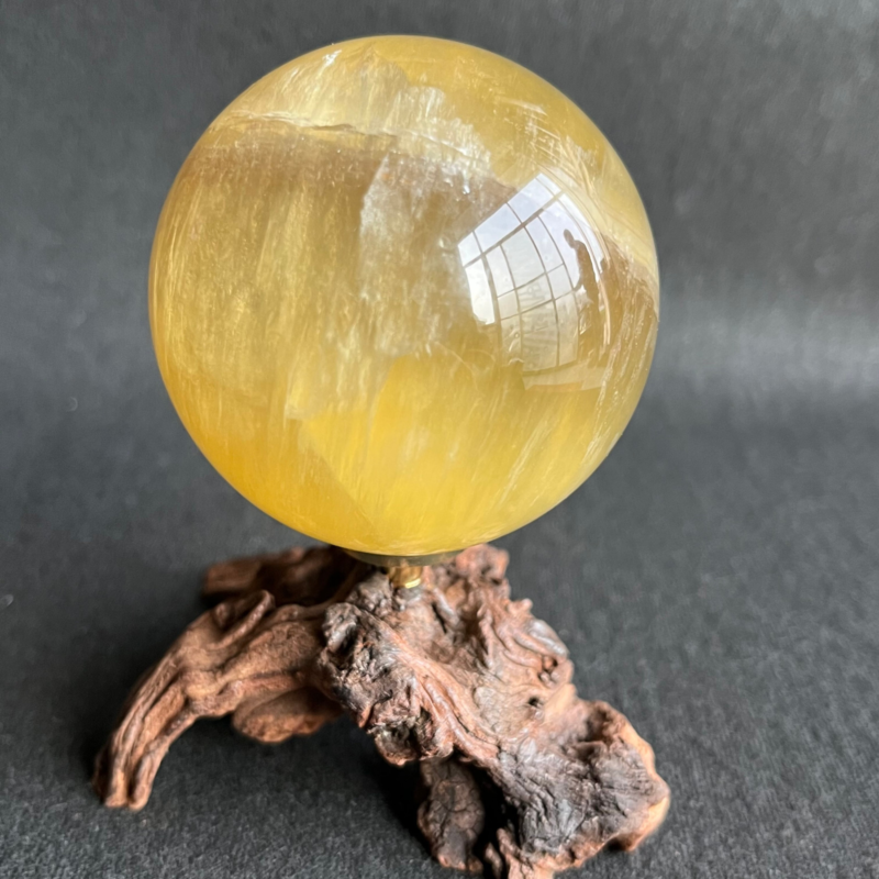 299G  Natural yellow fluorite quartz crystal ball sphere healing + Stand