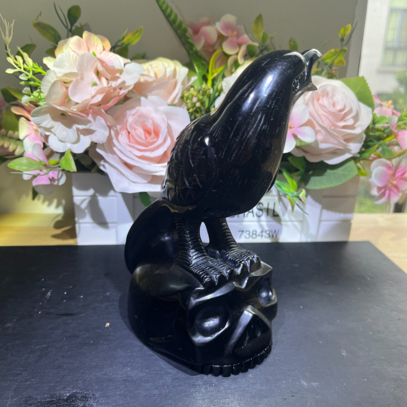 3.2LB 7" Natural Black Obsidian Crow Raven Skull Quartz Crystal Bird Carving