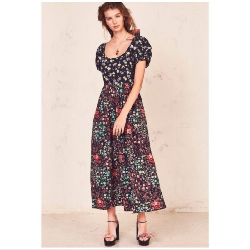 NWT LoveShackFancy Lais Floral Mixed Pattern Puff Sleeve Maxi Dress & Bow Size 4