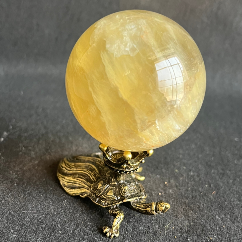 269G  Natural yellow fluorite quartz crystal ball sphere healing+stand
