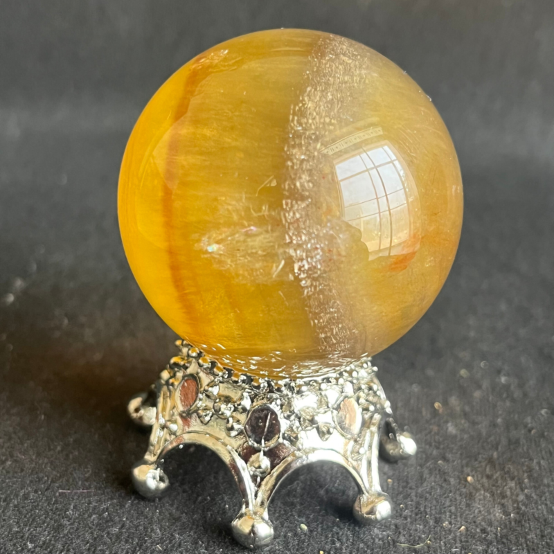 209G  Natural yellow fluorite quartz crystal ball sphere healing+stand