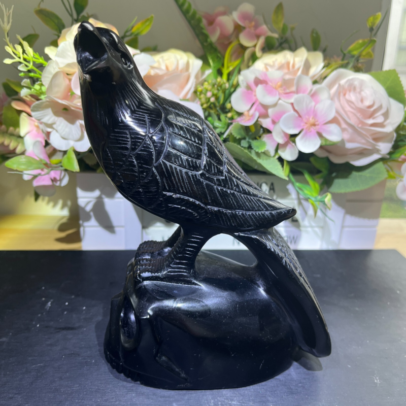 3.2LB 7" Natural Black Obsidian Crow Raven Skull Quartz Crystal Bird Carving