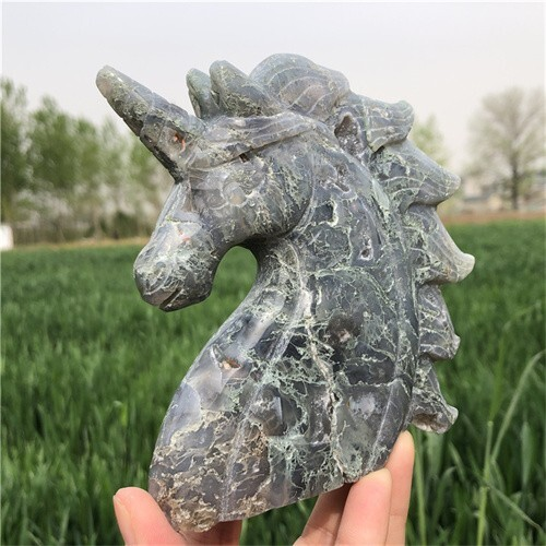 530g Natural Moss Agate Unicorn Carved Reiki Quartz Crystal Skull Figurines Crys