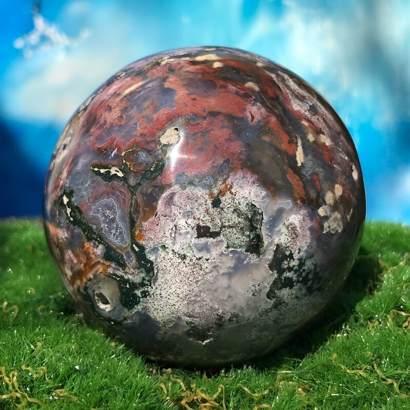 373GNatural Marine Jasper Quartz Ball Crystal Ball Mineral Specimen Restoration