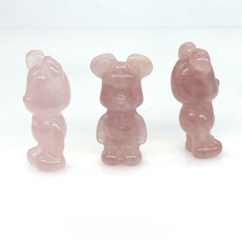 Natural Pink Rose Quartz Crystal Gloomy Little Bear Carved Animal Energy Decor