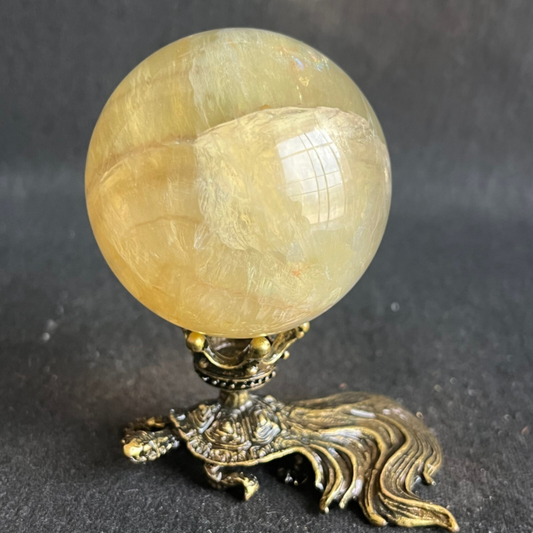 269G  Natural yellow fluorite quartz crystal ball sphere healing+stand