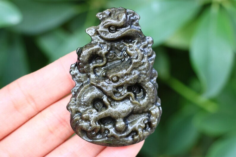 2.3" Natural Carved Gold Obsidian Dragon Reiki Crystal Skull Decor gift 1PC