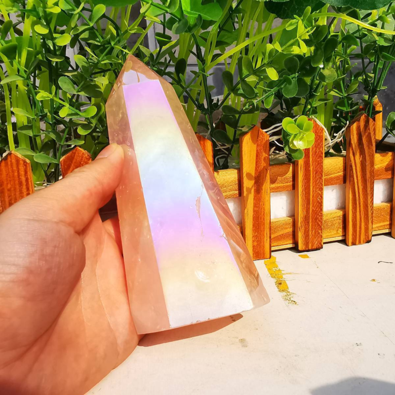 535g electroplated natural pink rose quartz obelisk rainbow crystal point reiki