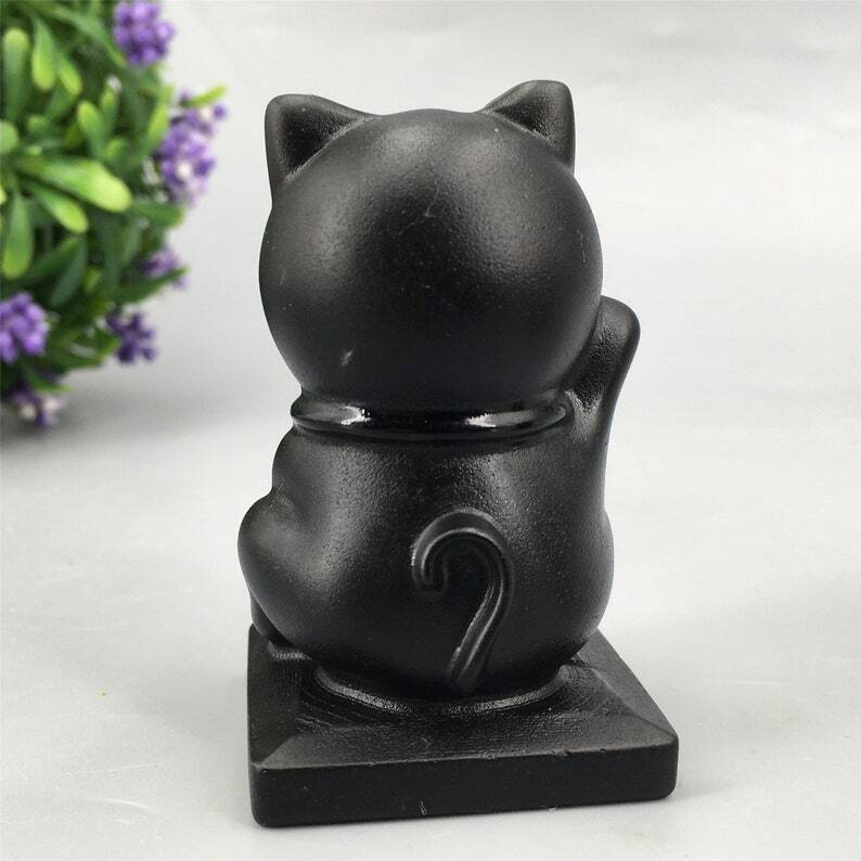 1pc Natural Obsidian Quartz Crystal Cat Hand Carved Animal Decoration Reiki Heal