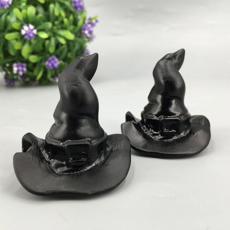 1pc Natural Obsidian Wizard hat Crystal Hand Carved Animal Decoration Reiki Heal