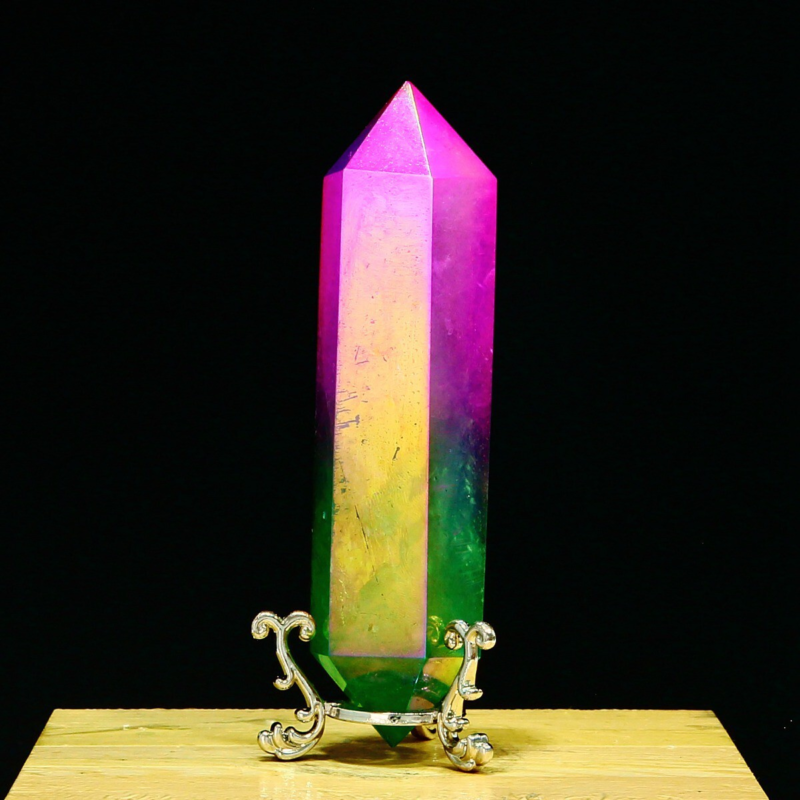 278g Natural Crystal Electroplated Rainbow Quartz Tower Double Wand Point Reiki