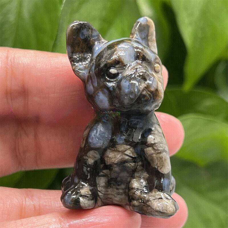 Natural Quartz Crystal Carved Rough Stone French Bulldog Healing Animal Decor