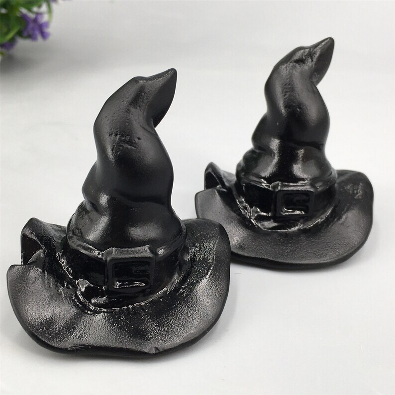 1pc Natural Obsidian Wizard hat Crystal Hand Carved Animal Decoration Reiki Heal