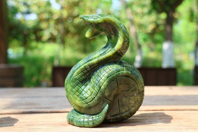 5.4" Natural Jade Carved Snake Crystal Skull Home Decor Reiki Figurine gift 1PC
