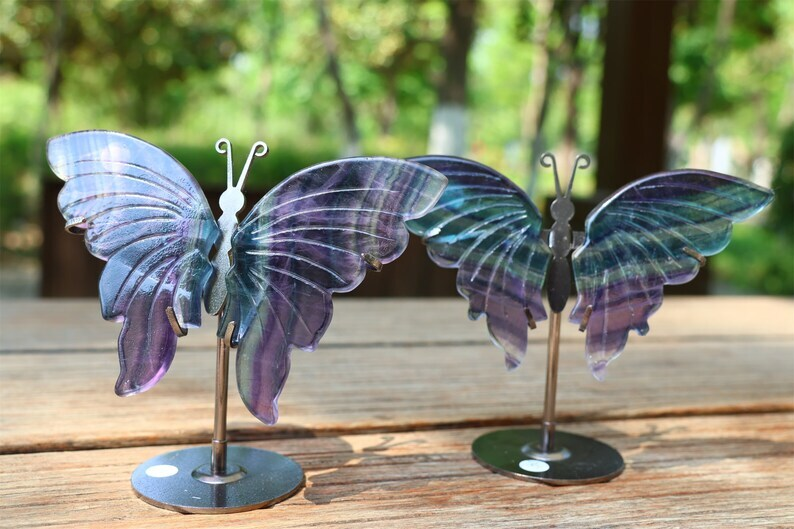 5.2'' A pair Natural Fluorite Butterfly Wing Reiki Crystal Skull Decor + Stand