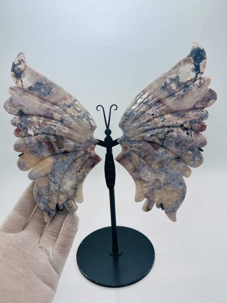 Flower Agate - Butterfly Wings - Decoration Object - Unique - Top Quality Natural Stone - on Stand - Healing Stone - Interior Object - Handwork - Height: 300 mm - Width: 260 mm- 1130 g - (1)