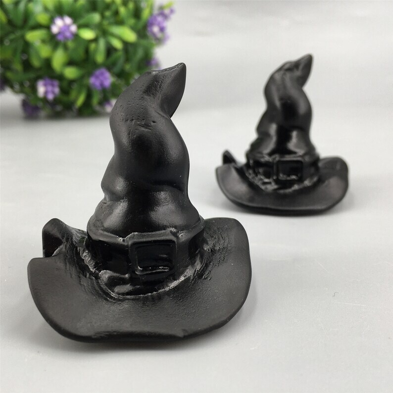1pc Natural Obsidian Wizard hat Crystal Hand Carved Animal Decoration Reiki Heal