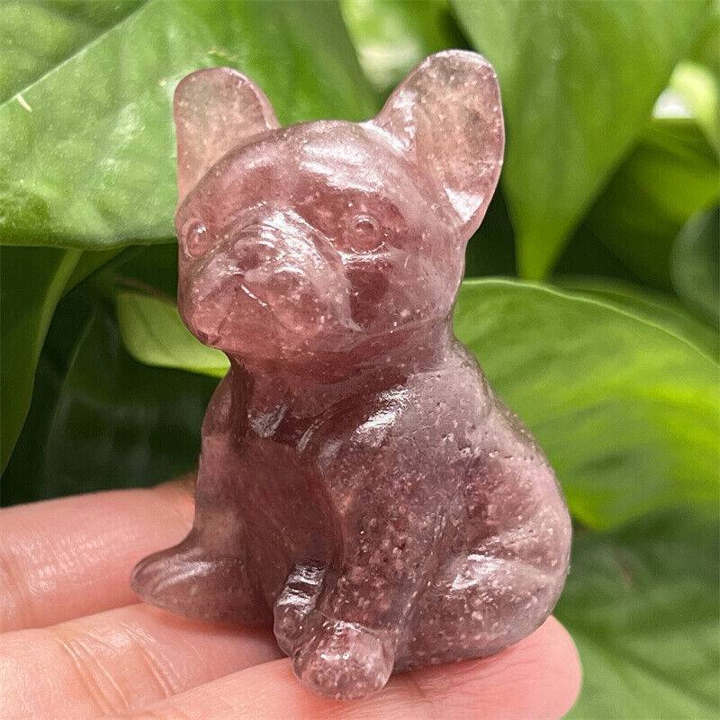 Natural Quartz Crystal Carved Rough Stone French Bulldog Healing Animal Decor