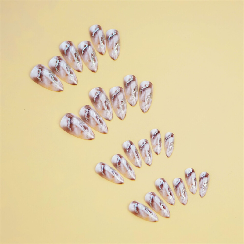 Almond Short False Nail Blooming Gold Glitter Press on Nails for Nail Art 24pcs