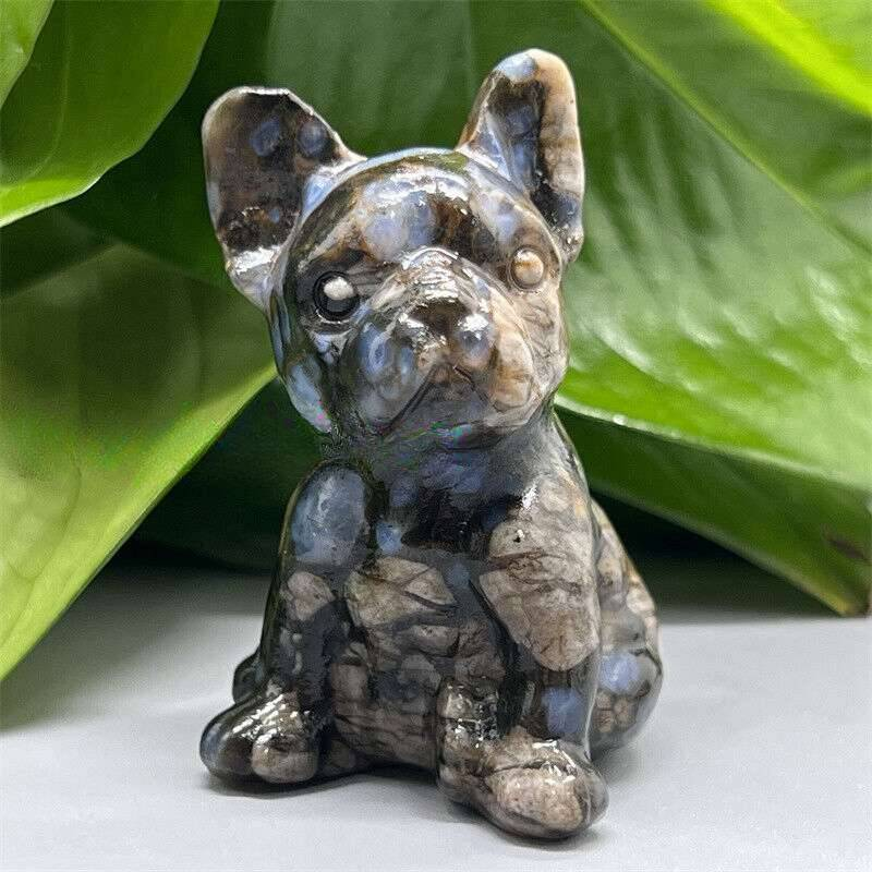Natural Quartz Crystal Carved Rough Stone French Bulldog Healing Animal Decor