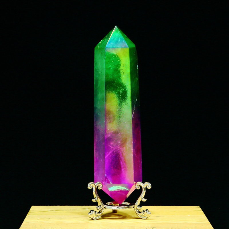 296g Natural Crystal Electroplated Rainbow Quartz Tower Double Wand Point Reiki