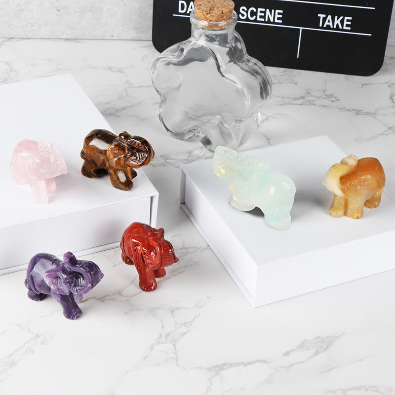 Natural Quartz Crystal Skull Carved Elephant Healing Gemstone Animal Sculpture