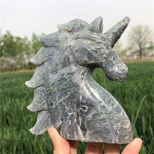 530g Natural Moss Agate Unicorn Carved Reiki Quartz Crystal Skull Figurines Crys