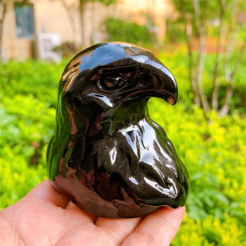 8cm Natural Crystal Quartz Black Obsidian Eagle Head Animal Carving Healing 1pc