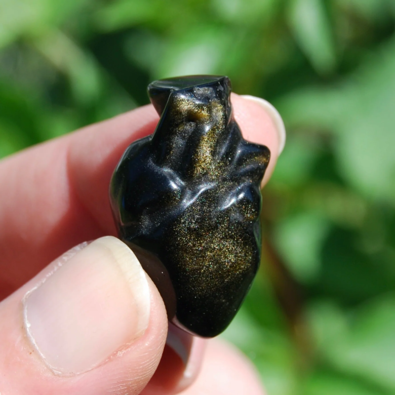 ONE 1.25in Gold Sheen Obsidian Anatomical Heart, Realistic Crystal Carving