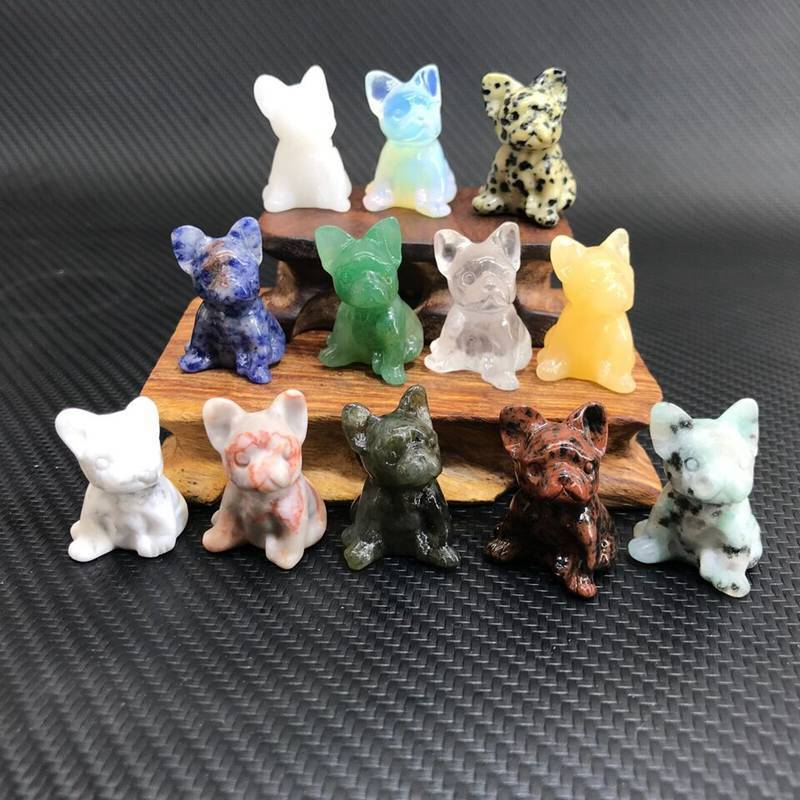 Natural Quartz Crystal Carved Rough Stone French Bulldog Healing Animal Decor