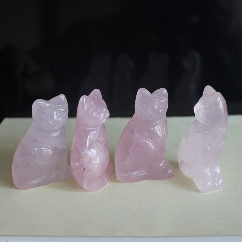 Carved gemstone crystal rose quartz cat figurine animal carving home decor 2''
