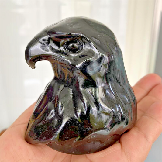 8cm Natural Crystal Quartz Black Obsidian Eagle Head Animal Carving Healing 1pc